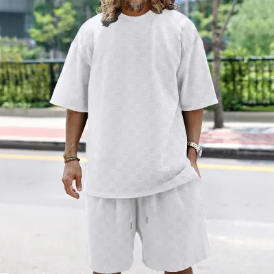 Men's Casual Summer Jacquard Loose Round-Neck Short-Sleeve T-Shirt and Shorts Two-Piece Set