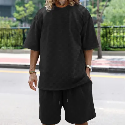Men's Casual Summer Jacquard Loose Round-Neck Short-Sleeve T-Shirt and Shorts Two-Piece Set