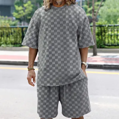 Men's Casual Summer Jacquard Loose Round-Neck Short-Sleeve T-Shirt and Shorts Two-Piece Set