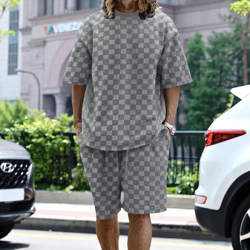 Men's Casual Summer Jacquard Loose Round-Neck Short-Sleeve T-Shirt and Shorts Two-Piece Set