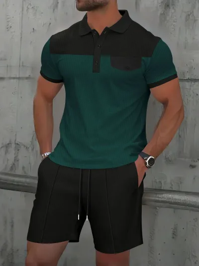 Men'S Casual Summer Waffle Color Block Lapel Short Sleeve T-Shirt and Shorts Two-Piece Set