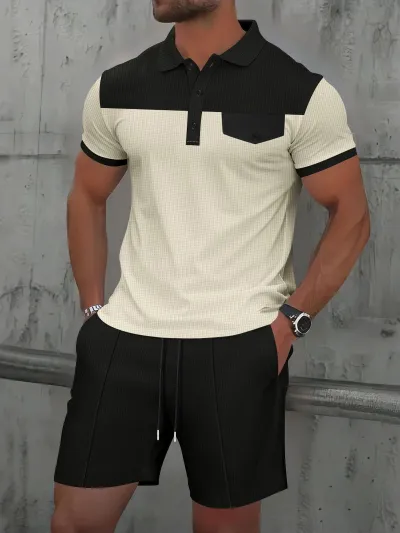 Men'S Casual Summer Waffle Color Block Lapel Short Sleeve T-Shirt and Shorts Two-Piece Set