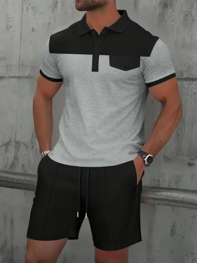 Men'S Casual Summer Waffle Color Block Lapel Short Sleeve T-Shirt and Shorts Two-Piece Set