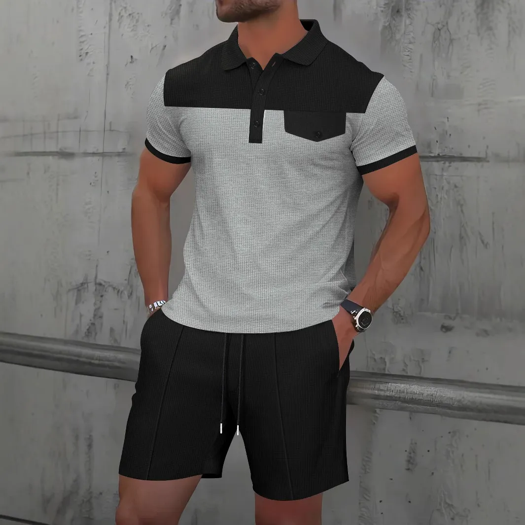 Men'S Casual Summer Waffle Color Block Lapel Short Sleeve T-Shirt and Shorts Two-Piece Set