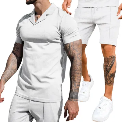 Men Fashion Casual Summer Solid Waffle V-Neck Short Sleeve Shirt Slim Fit Shorts Two-Piece Set