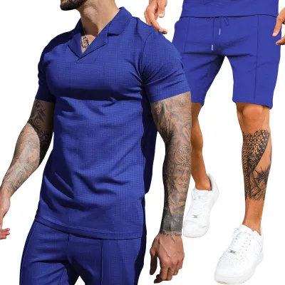 Men Fashion Casual Summer Solid Waffle V-Neck Short Sleeve Shirt Slim Fit Shorts Two-Piece Set