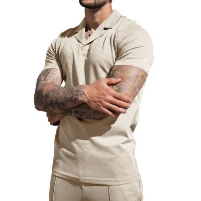 Men Fashion Casual Summer Solid Waffle V-Neck Short Sleeve Shirt Slim Fit Shorts Two-Piece Set