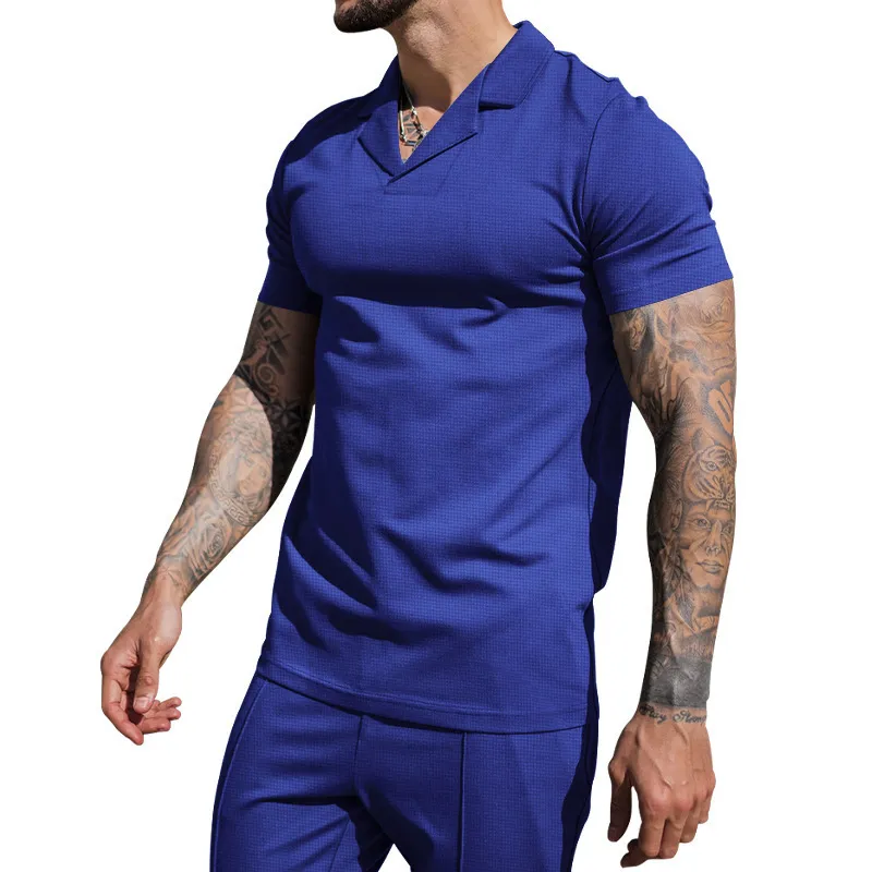 Men Fashion Casual Summer Solid Waffle V-Neck Short Sleeve Shirt Slim Fit Shorts Two-Piece Set