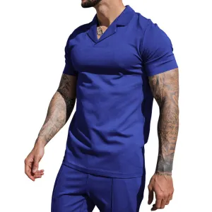 Men Fashion Casual Summer Solid Waffle V-Neck Short Sleeve Shirt Slim Fit Shorts Two-Piece Set