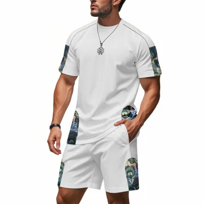 Men'S Fashion Casual Summer Printed Breathable Round Neck Short Sleeve T-Shirt Loose Shorts Two-Piece Set