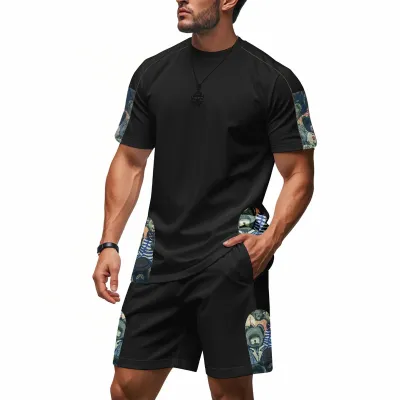 Men'S Fashion Casual Summer Printed Breathable Round Neck Short Sleeve T-Shirt Loose Shorts Two-Piece Set
