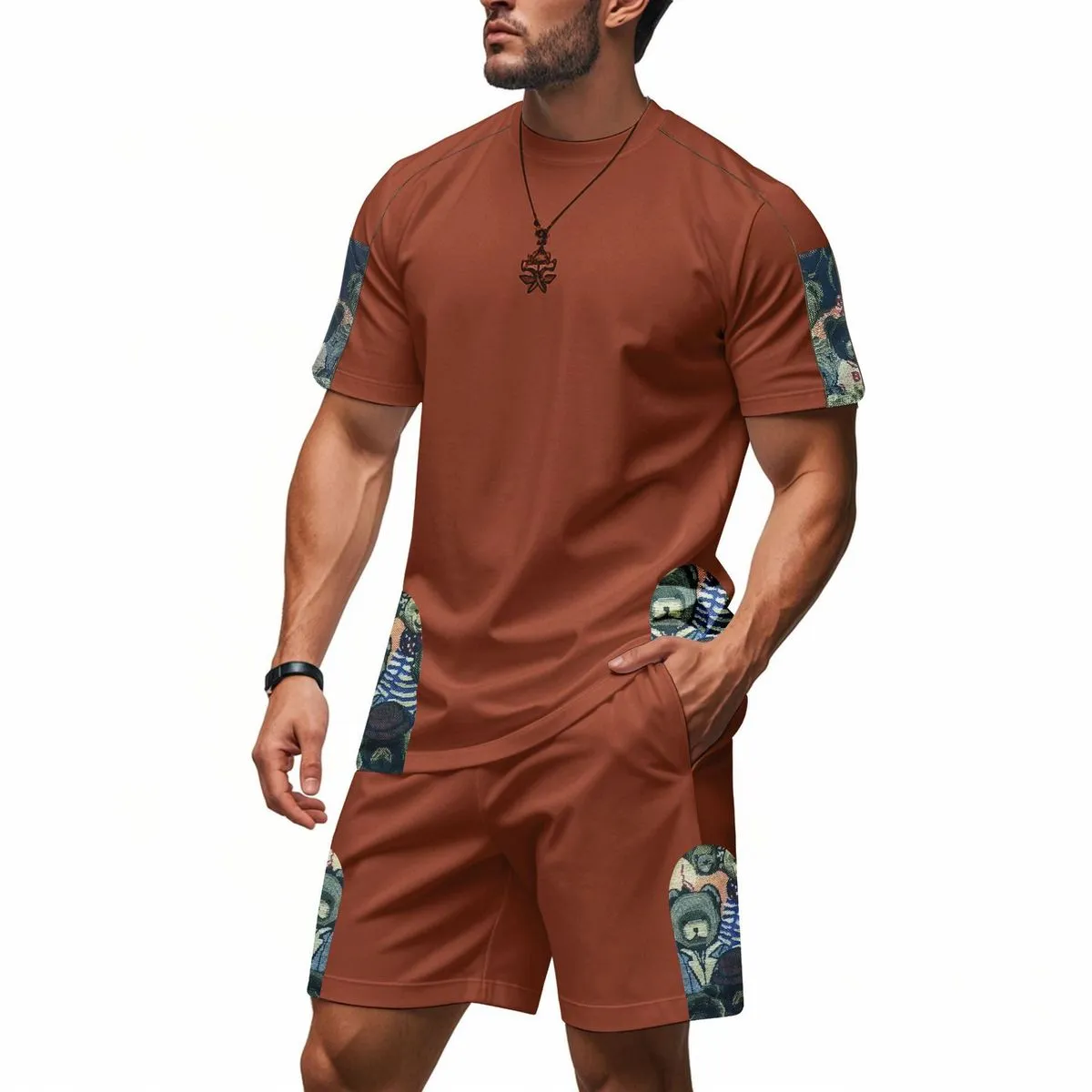 Men'S Fashion Casual Summer Printed Breathable Round Neck Short Sleeve T-Shirt Loose Shorts Two-Piece Set