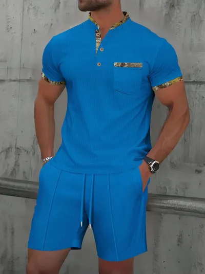 Men'S Fashion Casual Summer Waffle Solid Color Zipper Lapel Short Sleeve T-Shirt Loose Shorts Two-Piece Set