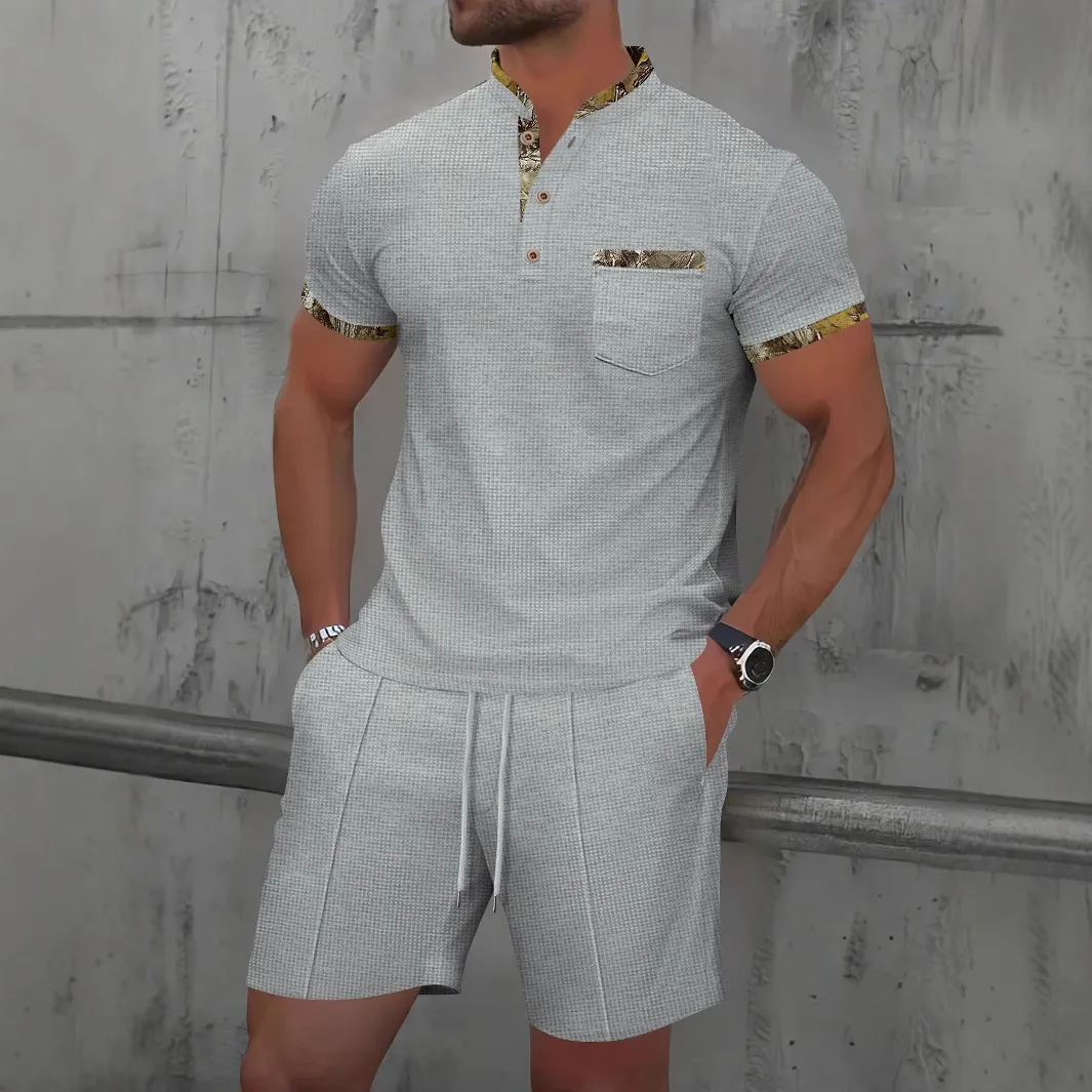 Men'S Fashion Casual Summer Waffle Solid Color Zipper Lapel Short Sleeve T-Shirt Loose Shorts Two-Piece Set