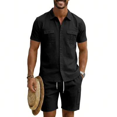 Men's Casual Linen Short-Sleeve Shirt and Multi-Pocket Shorts Two-Piece Set