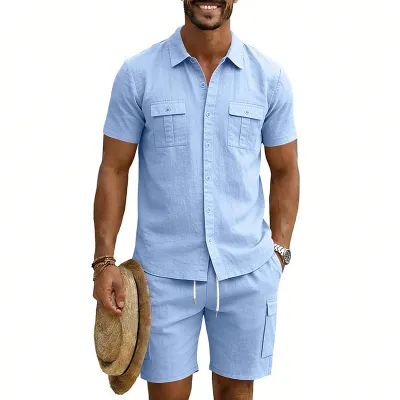 Men's Casual Linen Short-Sleeve Shirt and Multi-Pocket Shorts Two-Piece Set