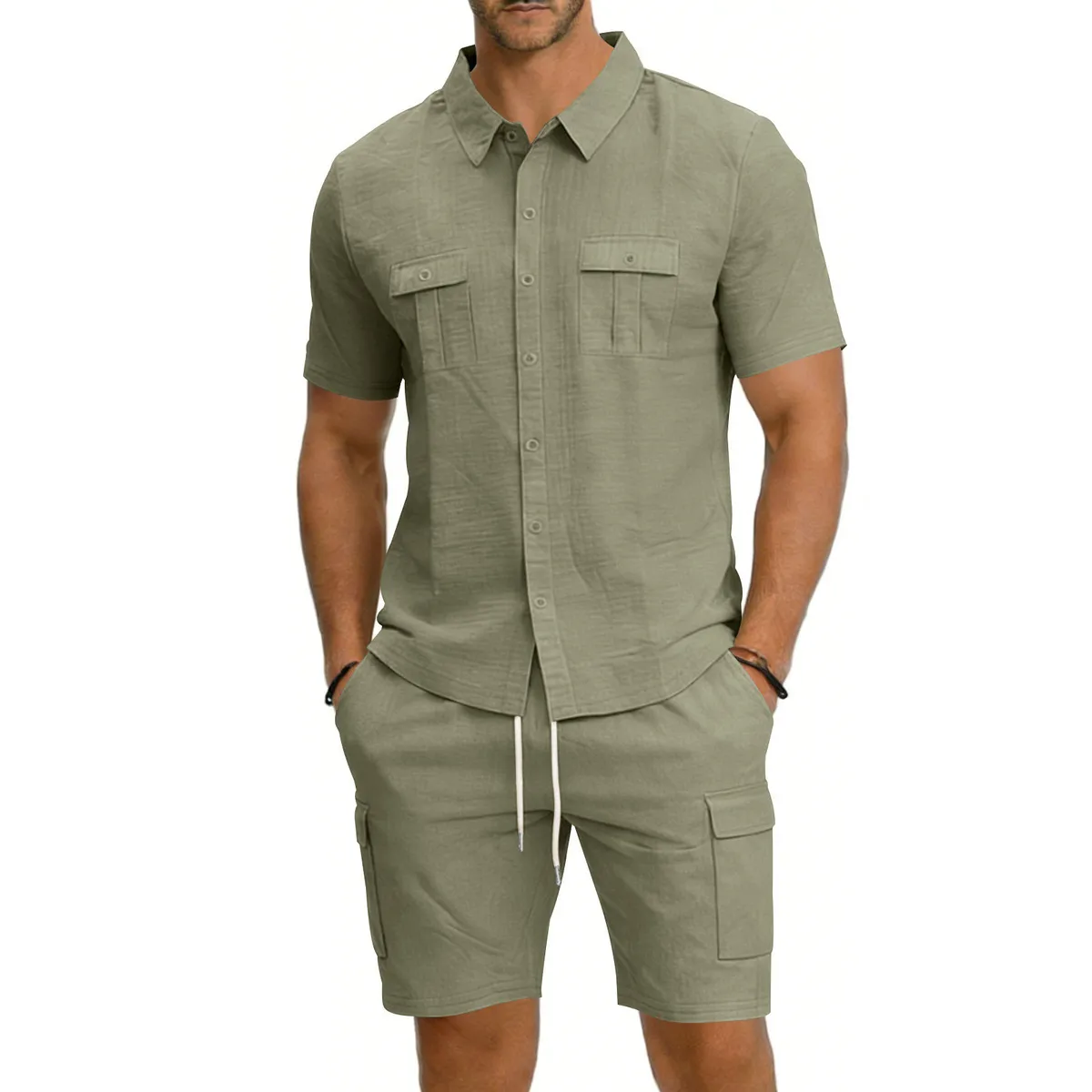 Men's Casual Linen Short-Sleeve Shirt and Multi-Pocket Shorts Two-Piece Set