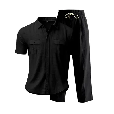 Men's Summer Linen Short-Sleeve Shirt and Loose Pants Two-Piece Set