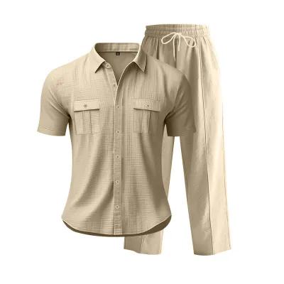 Men's Summer Linen Short-Sleeve Shirt and Loose Pants Two-Piece Set
