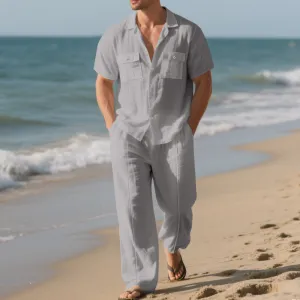 Men's Summer Linen Short-Sleeve Shirt and Loose Pants Two-Piece Set