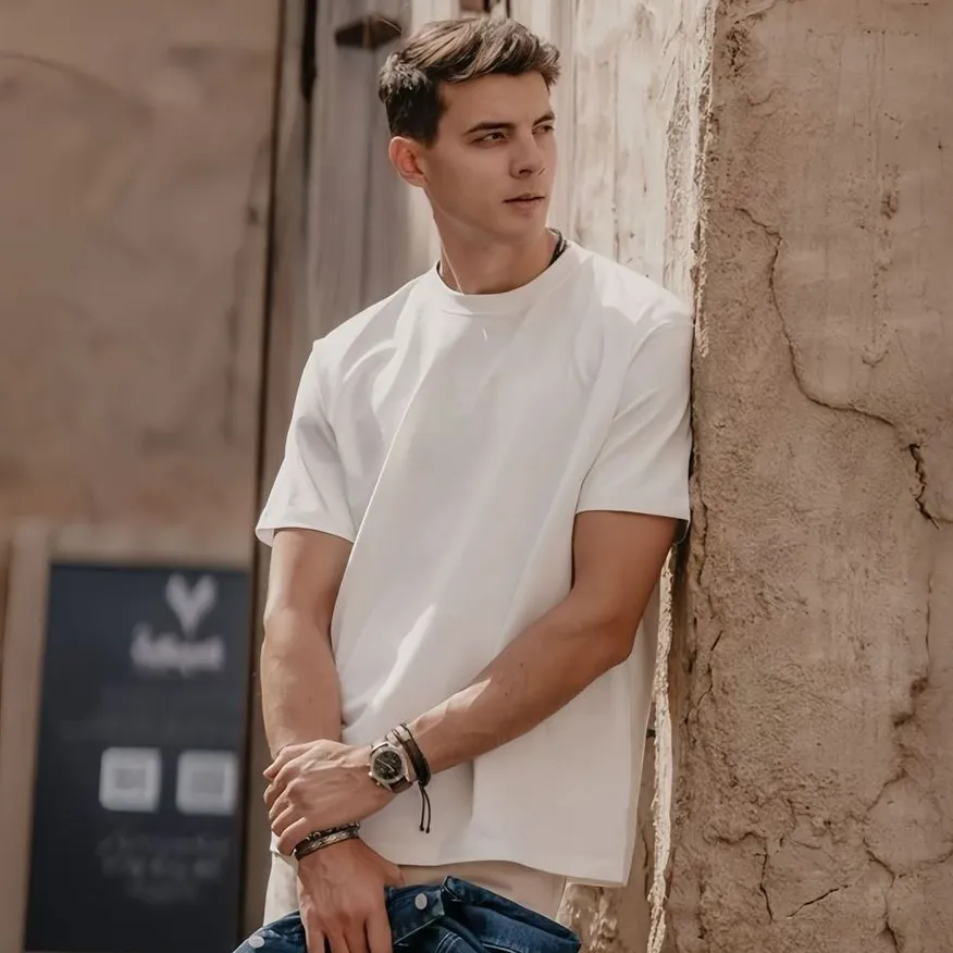 Men's Fashion Casual Summer Cotton Solid Color Round Neck Short-Sleeve Printed T-Shirt