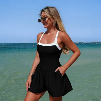 Women Fashion Casual Bright Color Block One-Piece Swimsuit