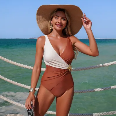 Women Fashion Casual Color Block Metal Buckle One-Piece Swimsuit