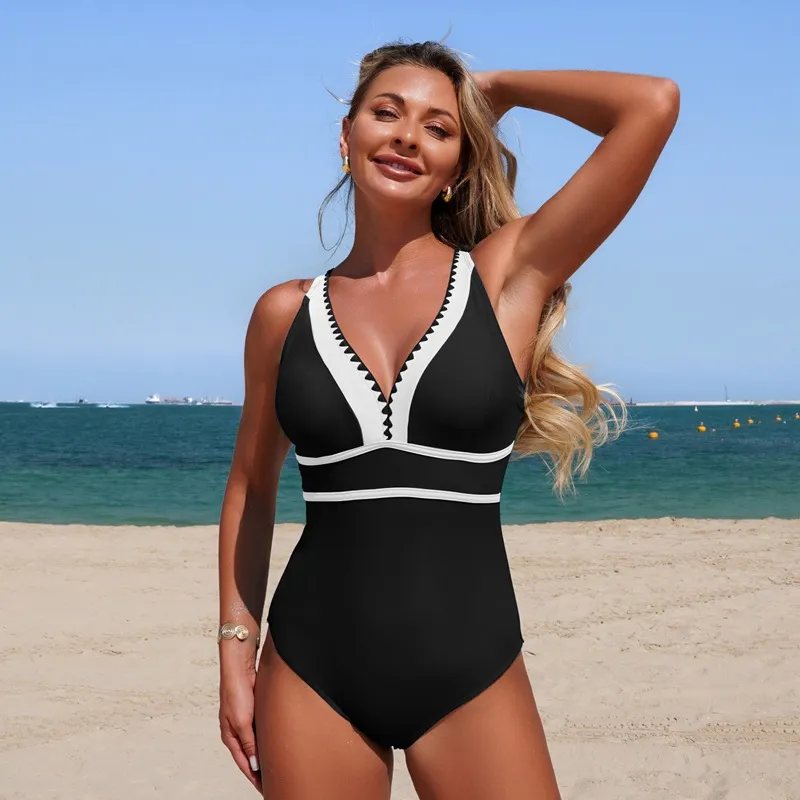 Women Fashion Casual Color Block One Piece Swimsuit