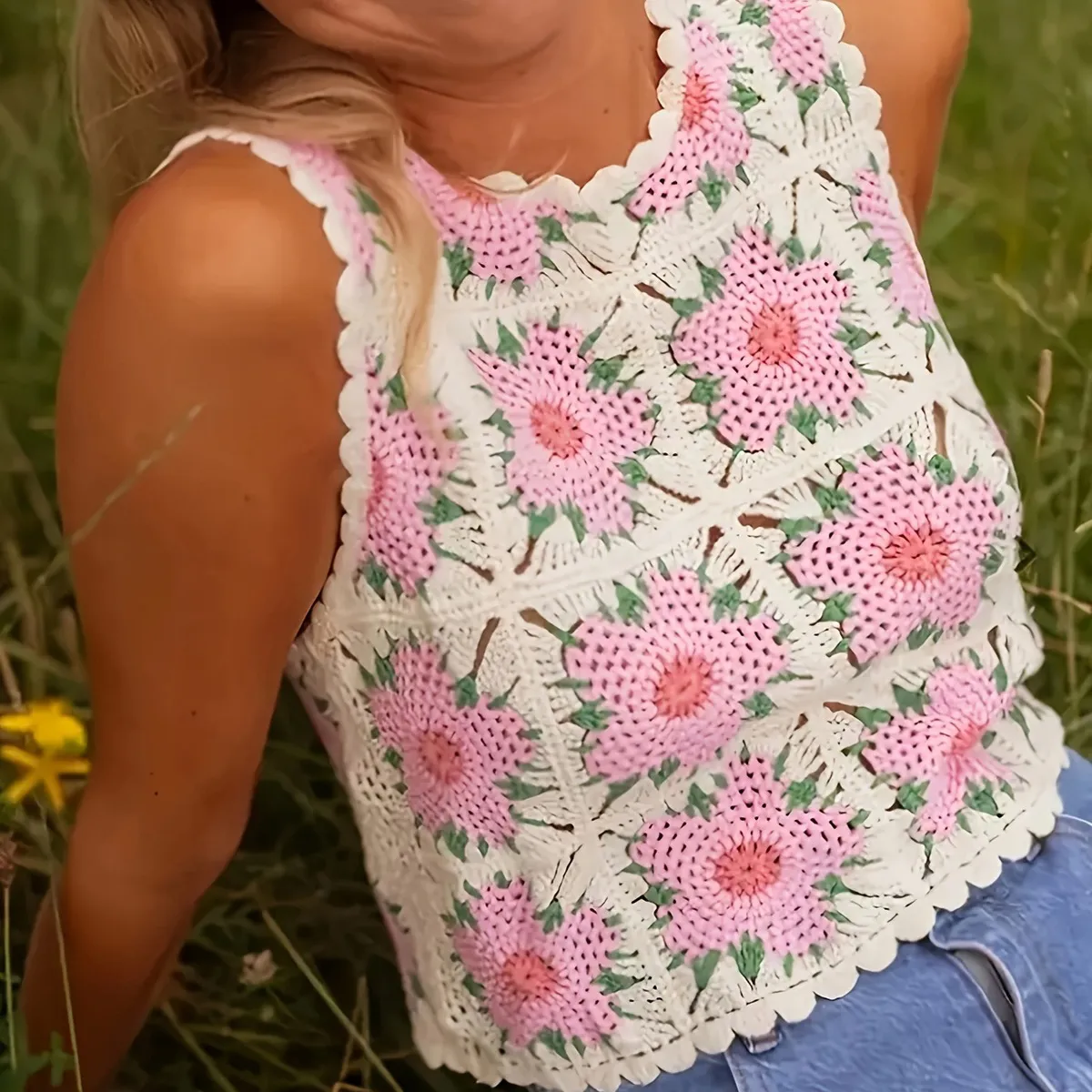Women Fashion Casual Summer Embroidered Knitted Round Neck Sleeveless Tank Top