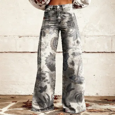 Women Fashion Casual Printed Thin Wide Leg Pants