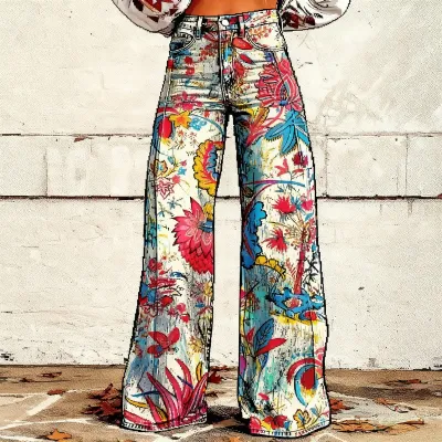 Women Fashion Casual Printed Thin Wide Leg Pants