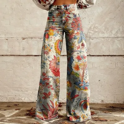 Women Fashion Casual Printed Thin Wide Leg Pants