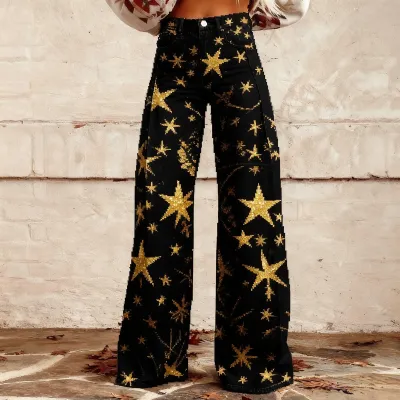 Women Fashion Casual Printed Thin Wide Leg Pants