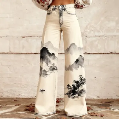 Women Fashion Casual Printed Thin Wide Leg Pants