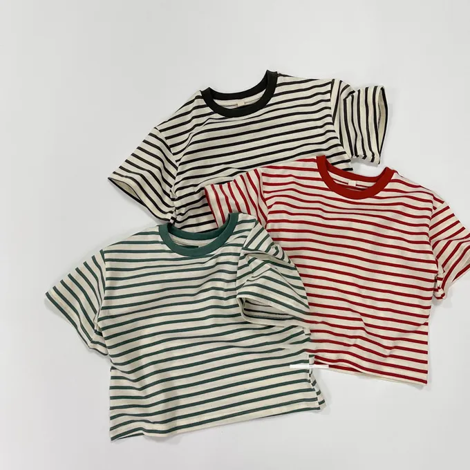 Kids Boys And Girls Fashion Casual Summer Breathable Stripe Short-Sleeve Cotton T-Shirt