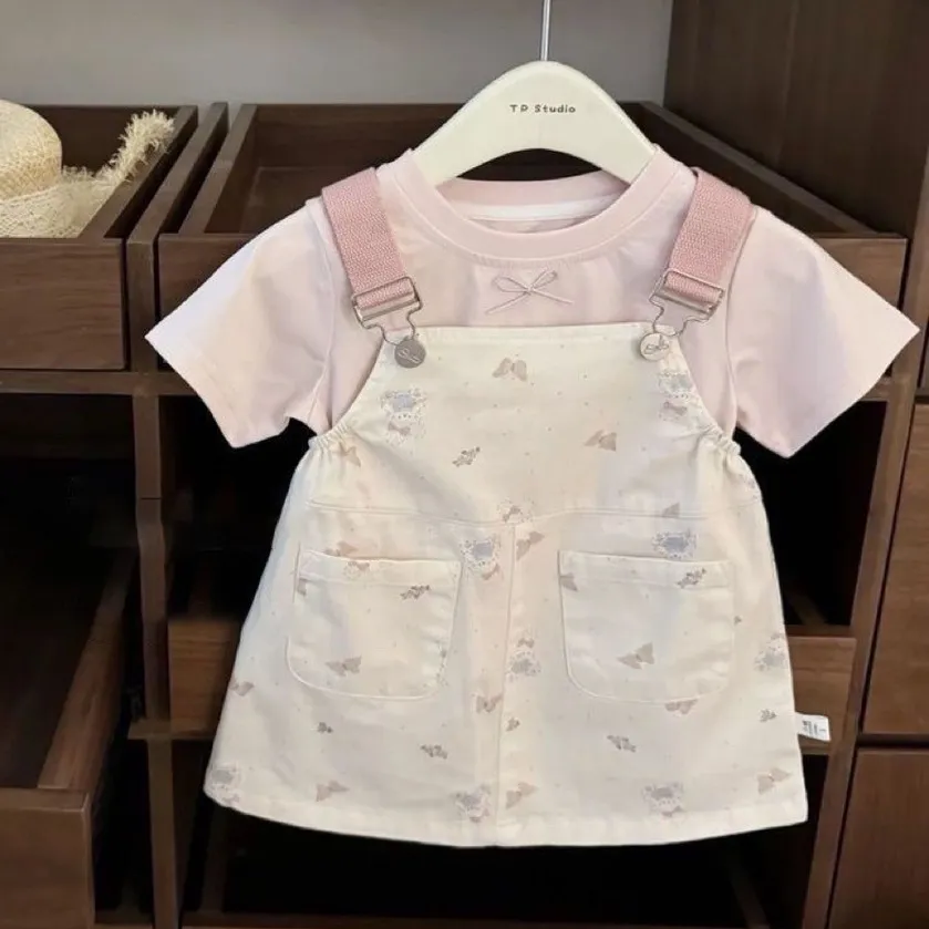 Kids Girl's Fashion Casual Summer Short Sleeve T-Shirt Butterfly Printed Dress Two Piece Set