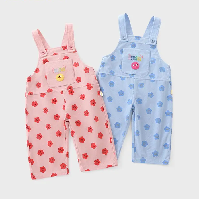 Kids Baby Boys And Girls Spring Flower Printed Jumpsuit Casual Unisex Polyester Solid Color Cartoon Medium Trousers