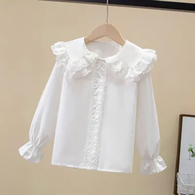 Kids Girls Fashion Casual Spring Solid Color Cotton Lapel Long Sleeve Shirt