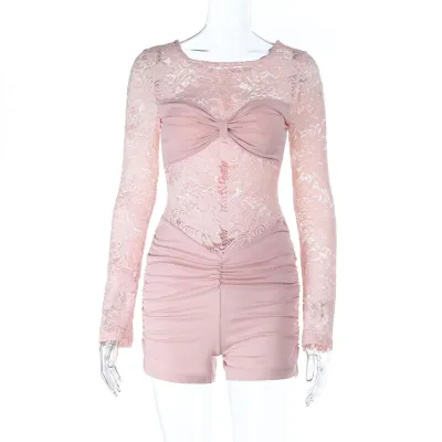 Women Fashion Sexy Spring Solid Color Lace Stitching Round Neck Long Sleeve Tight Rompers