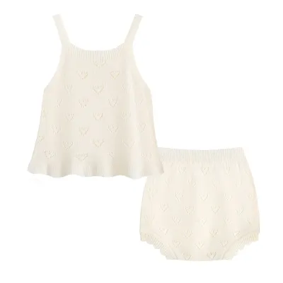 Kids Baby Girl Summer Cute Solid Color Hollow Love Knitted Camisole Loose Shorts Two-Piece Set