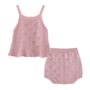 Kids Baby Girl Summer Cute Solid Color Hollow Love Knitted Camisole Loose Shorts Two-Piece Set