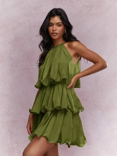 Summer Women Fashion Solid Color Mesh Halter Neck Sleeveless Multi-Layer Ruffled Dress