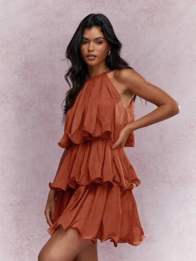Summer Women Fashion Solid Color Mesh Halter Neck Sleeveless Multi-Layer Ruffled Dress