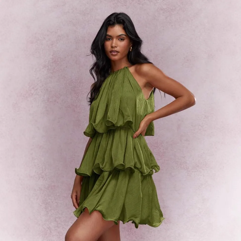 Summer Women Fashion Solid Color Mesh Halter Neck Sleeveless Multi-Layer Ruffled Dress