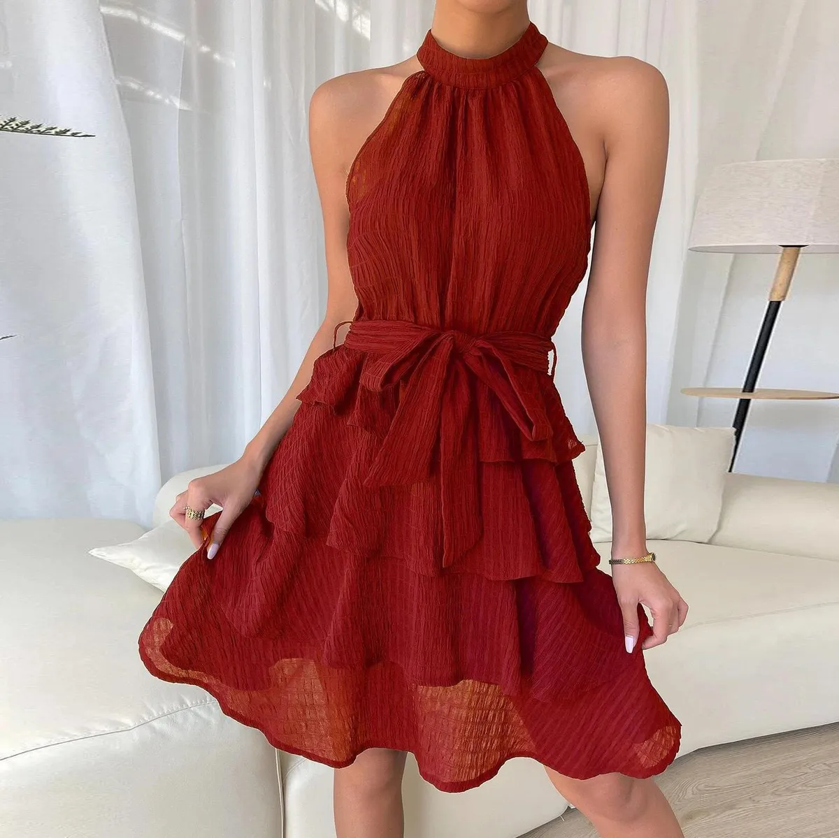 Summer Women Fashion Solid Color Halter Neck Lace Sleeveless Ruffled Dress
