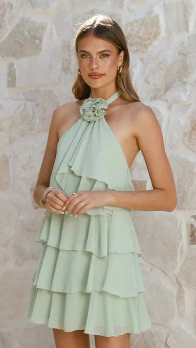 Vacation Summer Women Fashion Halter Backless Solid Color Multi-Layer Ruffled Dress