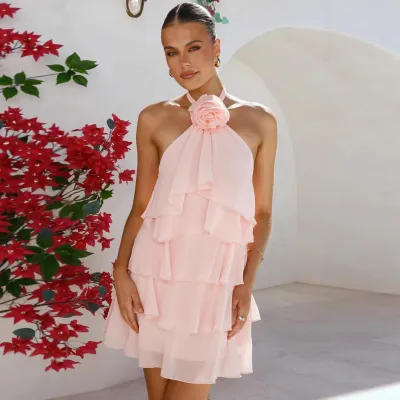 Summer Women Fashion Halter Backless Solid Color Multi-Layer Ruffled Dress