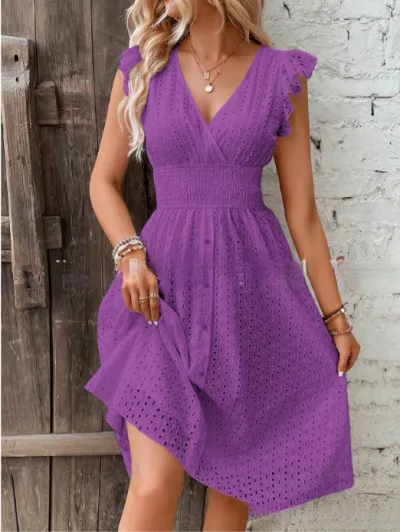 Summer Women Casual Solid Color Ruffled V-Neck Dress