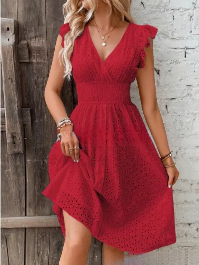 Summer Women Casual Solid Color Ruffled V-Neck Dress