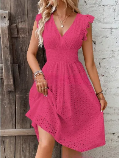 Summer Women Casual Solid Color Ruffled V-Neck Dress